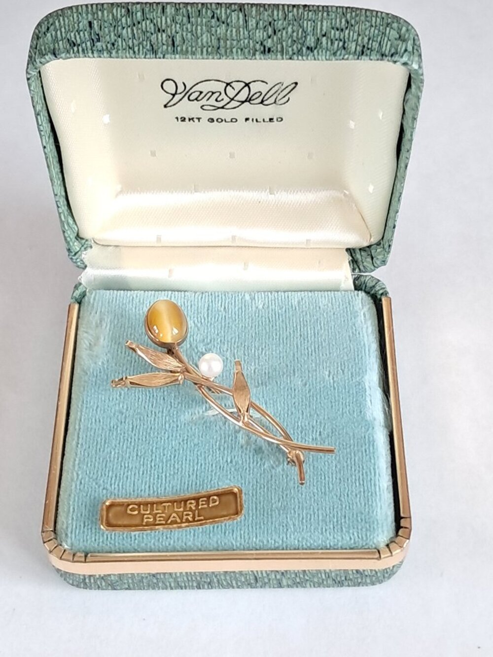 Vintage Van Dell 12K Gold Filled GF Tiger Eye Pearl Leaf Brooch New